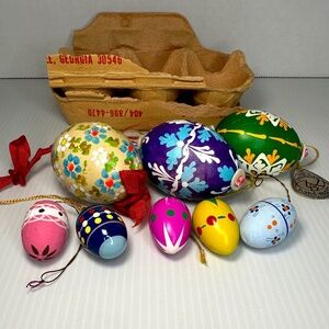 Vintage Czechoslovakian Hand Painted Eggs Christmas Easter Ornaments Lot of 8